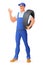 Auto mechanic car service man holding tire. Vector illustration.