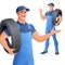 Auto mechanic car service man holding tire. Vector illustration.