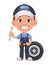 Auto mechanic cartoon character. Cheerful automechanic holding wrench