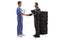 Auto mechanic shaking hands with a male doctor in a blue uniform