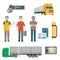 Auto Mechanics, Trucker, Cargo Trailer Truck, Road Attributes Set Vector Illustration