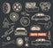 Auto parts retro symbols with vintage car details