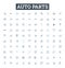 Auto parts vector line icons set. Car, Auto, Parts, Tires, Battery, Radiator, Oil illustration outline concept symbols
