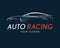 Auto racing symbol on dark blue background. Silver sport car log