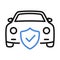 Auto safety concept. Car insurance policy. Linear car with shield. Outline Vector illustration