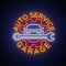Auto service repair logo in neon style. Neon sign, a symbol on the topic of repairing cars. Emblem, bright banner, shiny