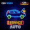 Auto service repair logo in neon style. neon sign, symbol on the topic of repairing cars. Emblem, bright banner sign, night bright