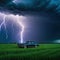 a auto standing in a field in front of a lighning dramatic lightning