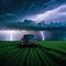 a auto standing in a field in front of a lighning dramatic lightning