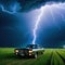 a auto standing in a field in front of a lighning dramatic lightning