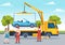 Auto Towing Car Using a Truck with Roadside Assistance Service in Template Hand Drawn Cartoon Flat Background Illustration