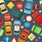 Auto traffic seamless pattern. Top view from above. Dark asphalt. Cars and road signs. Cartoon funny style. Flat design