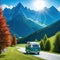 Auto und Alpen Berge StraÃŸe blau Kunst Illustration