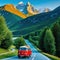 Auto und Alpen Berge StraÃŸe blau Kunst Illustration