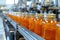 Automated bottling line for orange juice with filled jars on conveyor belt