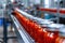 Automated conveyor line or belt in modern tomato paste in glass jars plant or factory production