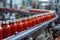 Automated conveyor line or belt in modern tomato paste in glass jars plant or factory production