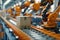 Automated conveyor systems. Orange robotic arms in a smart factory, industry 4.0 concept