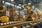 Automated conveyor systems. Yellow robotic arms in a smart factory, industry 4.0 concept