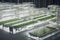 Automated factory-like white farm with plants fields. Agriculture modern robotic and autonomous car working in smart farm.