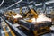 Automated Production Line with Robotic Arms Welding Car Body Parts: Sparks Flying in an Automobile Manufacturing Facility