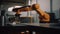 Automated robotic arm in futuristic factory cutting metal with precision generated by AI