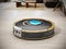 Automated vacuum cleaner on wooden floor. 3D illustration