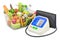 Automatic Digital Blood Pressure Monitor with shopping basket full of products, fruits and vegetables. 3D rendering