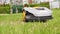 automatic lawn mower robot moves on the grass,