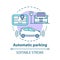 Automatic parking concept icon. Driverless car navigation. Smart car-maneuvering system. Self-driving feature idea thin