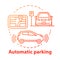 Automatic parking concept icon. Driverless car navigation. Smart car-maneuvering system. Self-driving feature idea thin