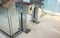 Automatic silver metallic security turnstile station