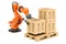 Automatic warehouse concept. Robotic arm put wooden box on pallet. 3D rendering