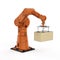 Automation factory or cargo with 3d rendering robotic arm carry cardboard box
