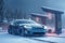 automobile electric transportation cold road transport vehicle snow winter car. Generative AI.