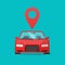 Automobile with map pointer vector sign, flat cartoon car or auto with location pin, concept of rent place or online