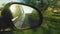 Automobile in motion. View in the rear view side mirror of a auto, driving a red car along the track