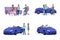 Automobile purchase process steps illustrations set. Smiling young couple, customers and retail agent cartoon characters
