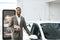 Automobile Seller Man Opening Car Door Standing In Dealership Shop