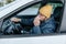 Automobile Sickness Bearded Driver Coughs During Seasonal Grippe
