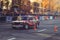 Automobile slalom and drift competitions in the city center, car on the road with cones