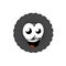 Automobile tire. Detail of wheels of car. Mascot tire service. smile and eyes of round black character