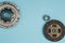 Automotive clutch mechanism, disc, basket and bearing for auto on a blue background.