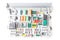 Automotive fuses on white panel with relay and multi-colored marked cases - a protective device opens the electrical circuit when