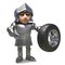 Automotive minded medieval knight holds a car wheel and tyre, 3d illustration
