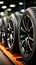 Automotive options Shops close up displays bulk car tires, showcasing range