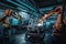 automotive plant, with robotic arms welding parts and machines in motion