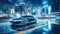 autonomous car navigates through a labyrinthine network of glowing roads in a futuristic metropolis, AI generated