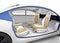 Autonomous car\'s interior concept. The car offer folding steering wheel, rotatable passenger seat