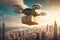autonomous cargo drone, hovering over futuristic metropolis, with packages to deliver